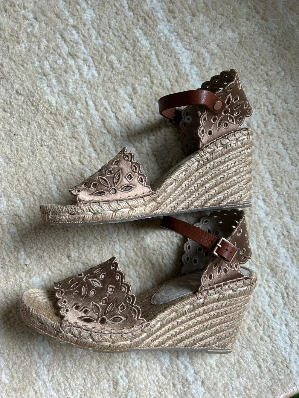 Pedro Garcia Orito Satin Eyelet Espadrille Wedge Sandals Taupe EU 38